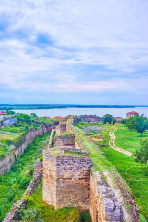 Akkerman Fortress, observing tall medieval walls, courtyard, ruins and the estuary of Dniester River, Bilhorod-Dnistrovskyi, Ukraineの写真素材