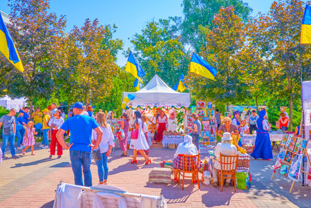 DNIPRO, UKRAINE - AUGUST 24, 2021: The Holiday Fair due to Independence Day in center of the city, on August 24 in Dniproのeditorial素材