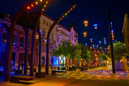 The night in Dnipro's pedestrian Korolenko street, Ukraine