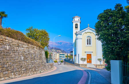 The small white Chiesa di Porza church in small town Porza, district of Lugano, Switzerlandの写真素材