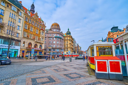 PRAGUE, CZECH REPUBLIC - MARCH 5, 2022: The Old Tram Cafe located amid pedestrian zone of Wenceslas Square and surrounded with historic buildings, on March 5 in Pragueのeditorial素材