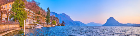 Panorama of the Lugano Lake with mountain range on the background, Lugano, Switzerlandのeditorial素材