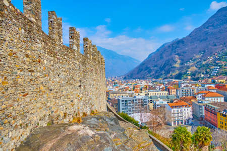The medieval walls of Castelgrande fortress, located on the rock in the middle of  Bellinzona, Switzerlandのeditorial素材