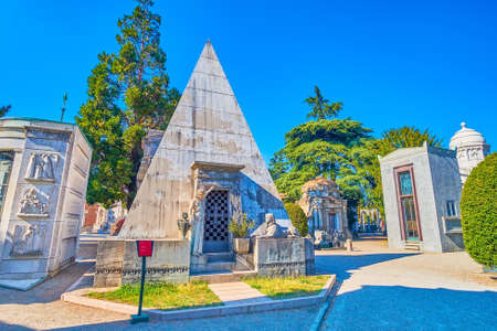 MILAN, ITALY - APRIL 5, 2022: Bruni Tomb in form of a pyramid in Monumental Cemetery, on April 5 in Milan, Italyのeditorial素材