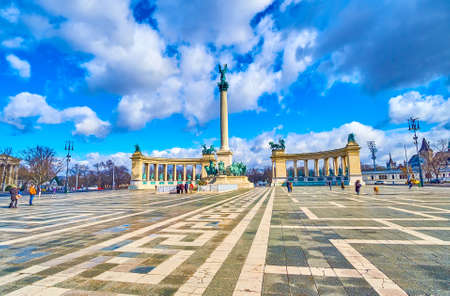 BUDAPEST, HUNGARY - FEBRUARY 23, 2022: Millennium Monument with its high column and colonnades are the symbol of Budapest city, on February 23 in Budapest, Hungaryのeditorial素材
