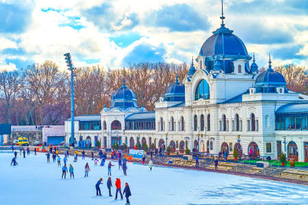 BUDAPEST, HUNGARY - FEBRUARY 23, 2022: Skating is one of the most popular urban winter sport, and the City Park Skating Rink is the best place for it, on February 23 in Budapest, Hungaryのeditorial素材