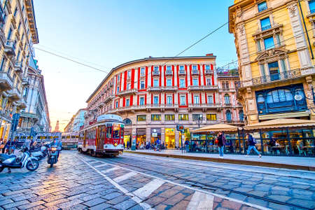 MILAN, ITALY - APRIL 5, 2022: The old vintage tram rides along Via Dante street in central district, on April 5 in Milan, Italyのeditorial素材