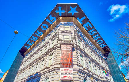BUDAPEST, HUNGARY - FEBRUARY 23, 2022: The main facade of House of Terror with famous black frame with words Terror, on February 23 in Budapest, Hungaryのeditorial素材