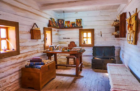 ZAPORIZHZHIA, UKRAINE - AUGUST 26, 2021: The small chamber of Military Chancellery in Zaporizhian Sich scansen, on August 26 in Zaporizhzhia, Ukraineのeditorial素材