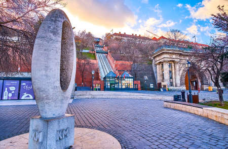 Zero Kilometre Stone sculpture in form of zero sign, located on Clark Adam Square, on February 23 in Budapest, Hungaryのeditorial素材