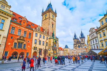 PRAGUE, CZECH REPUBLIC - MARCH 5, 2022: The Old Town Hall, Prague Astronomical Clock (Prague Orloj) and Tynsky Church in the Old Town Square, on March 5 in Pragueのeditorial素材