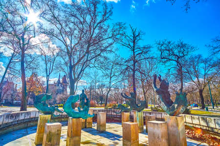 BUDAPEST, HUNGARY - FEBRUARY 23, 2022: The Mermaid Fountain by Jeno Kerenyi and Istvan Szabo in City Park, on February 23 in Budapest, Hungaryのeditorial素材