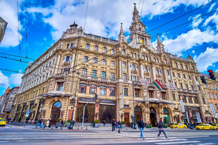 BUDAPEST, HUNGARY - FEBRUARY 23, 2022: The monumental facade of New York Palace on Grand Boulevard in central part of the Pest side, on February 23 in Budapest, Hungaryのeditorial素材
