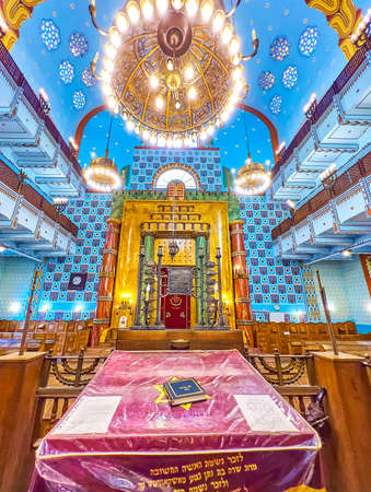 BUDAPEST, HUNGARY - FEBRUARY 23, 2022: The Torah reading desk in the middle of the prayer hall in Kazinczy Street Synagogue, on February 23 in Budapest, Hungaryのeditorial素材