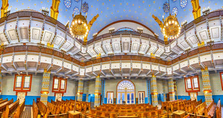 BUDAPEST, HUNGARY - FEBRUARY 23, 2022: Panorama of Kazinczy Street Synagogue with two-storey women's...