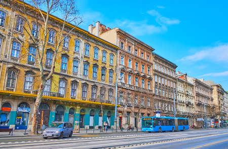 BUDAPEST, HUNGARY - FEB 27, 2022: Explore historic architecture on Museum Boulevard in Pest, on Feb 27 in Budapestのeditorial素材