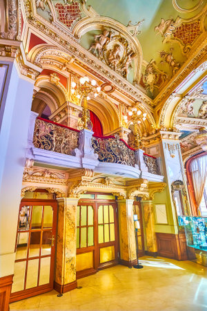 BUDAPEST, HUNGARY - FEBRUARY 23, 2022: Enjoy the beauty and luxury in New York Cafe, one of the most prestigious in the city, on February 23 in Budapest, Hungaryのeditorial素材