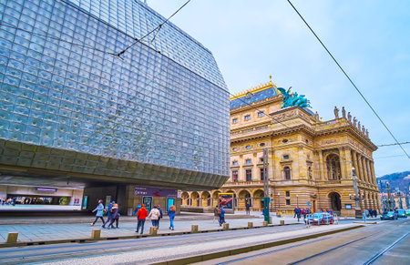 PRAGUE, CZECH REPUBLIC - MARCH 5, 2022: Narodni Avenue with building of the New Stage of National...