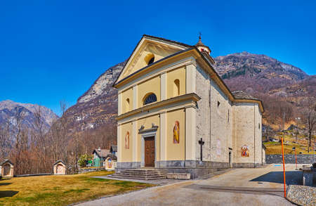 The restored facade of San Bernardo d'Aosta Church, decorated with frescoes, Frasco, Valle Verzasca, Switzerlandの写真素材