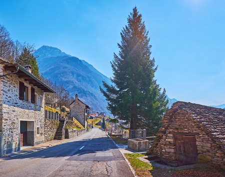 The street of Frasco, lined with traditional Alpine stone houses, Valle Verzasca, Switzerlandの写真素材