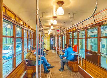 MILAN, ITALY - APRIL 5, 2022: In the cabin of vintage tram in Milano, on April 5 in Milan, Italyのeditorial素材