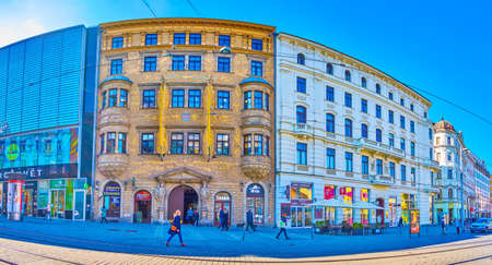 BRNO, CZECH REPUBLIC - MARCH 10, 2022: Panorama of the buildings on  Freedom Square with historic...