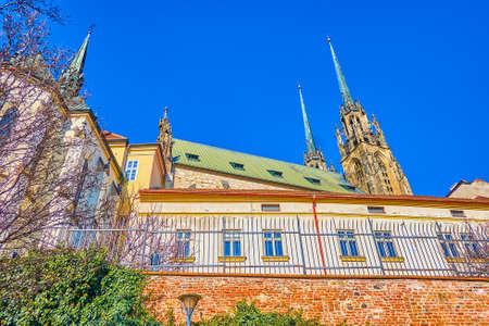 The view from the Denis Gardens on spires of Cathedral and the buildings of its complex on foreground, Brno, Czech Republicの写真素材
