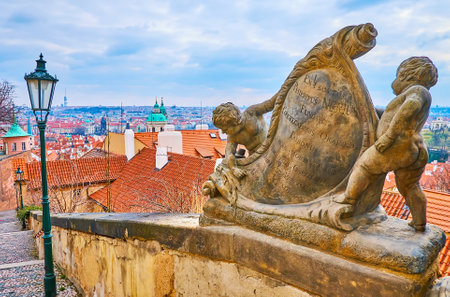The old stone sculpture on the border of historic Castle Stairs (Zamecke Schody), Prague, Czech Republicのeditorial素材