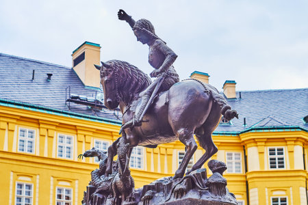 The statue of St George on the horse and the dragon at its feet, Third Courtyard of Prague Castle, Czech Republicのeditorial素材