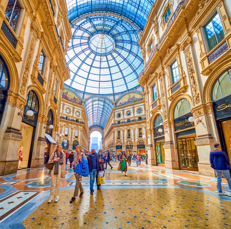 MILAN, ITALY - APRIL 5, 2022: The shopping area in the most outstanding mall, Galleria Vittorio Emanuele II, on April 5 in Milan, Italyのeditorial素材