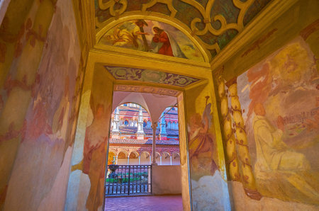 CERTOSA DI PAVIA, ITALY - APRIL 9, 2022: Old frescoes in Certosa di Pavia monastery, on April 9 in...