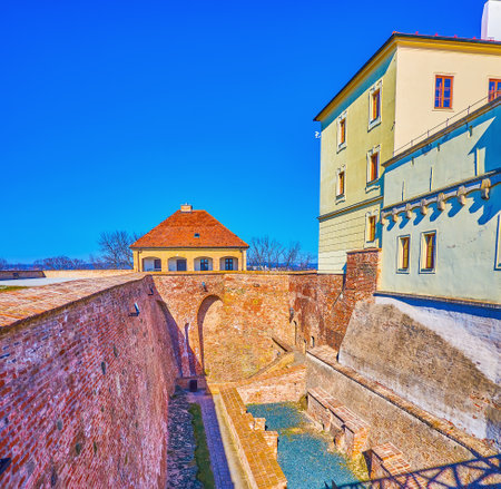 The moat and modest buildings of Spilberk Citadel, the most impressive castles of Moravia, Brno, Czech Republicのeditorial素材