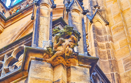 Traditional Gothic gargoyles decorate the outer walls of St Vitus Cathedral, Prague Castle, Hradcany, Czech Republicのeditorial素材