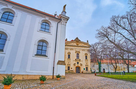The scenic Baroque facade of the Library of Strahov Monastery, seen from Strahovske Nadvori courtyard, Hradcany, Prague, Czech Republicのeditorial素材