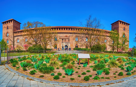 Panorama of Visconti Castle and large park in Pavia, Italyのeditorial素材