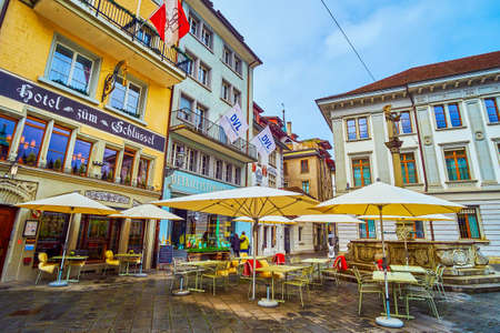 LUCERNE, SWITZERLAND - MARCH 30, 2022: Empty streets during rainy day in Altstadt, on March 30 in...