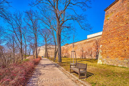 The pleasant walk in a park along high medieval walls of Spilberk castle in Brno, Czech Republicのeditorial素材