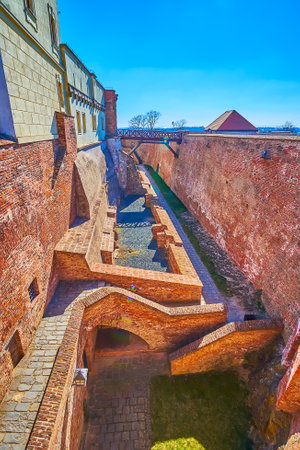 The modern comfortable stairs for tourist visiting moat in medieval Spilberk Castle, Brno, Czech Republicのeditorial素材