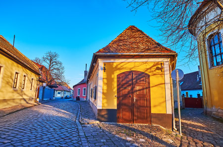 The colored housing on Peter Pal Street in the old town of Szentendre, Hungaryの写真素材
