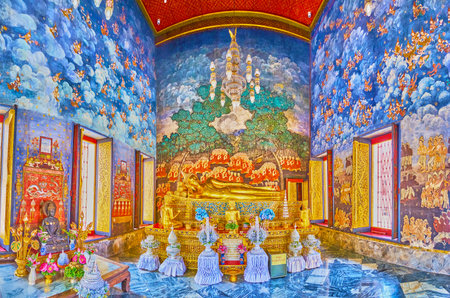 BANGKOK, THAILAND - APRIL 23, 2019: Panorama of the Image House of Wat Bowonniwet Vihara with colorful frescoes on the walls, on April 23 in Bangkok, Thailandのeditorial素材