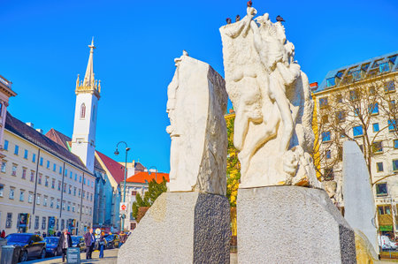 VIENNA, AUSTRIA - FEBRUARY 17, 2019: Memorial against war and fascism monument in center of Vienna, on February 17 in Vienna, Austriaのeditorial素材