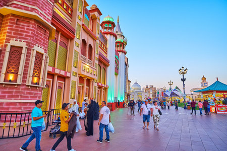 DUBAI, UAE - MARCH 6, 2020: The colored pavilions and bright lights of evening Global Village Dubai, on March 6 in Dubaiのeditorial素材