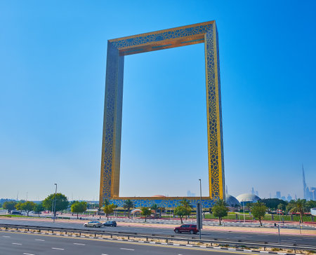 DUBAI, UAE - MARCH 6, 2020: The futuristic Dubai Frame with golden patterns behind the Sheikh Rashid Road, on March 6 in Dubaiのeditorial素材