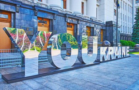 KYIV, UKRAINE - MAY 23, 2021: The mirrored installation "YOUkraine 30", dedicated to 30 years anniversary of Independence of Ukraine, on May 23 in Kyivのeditorial素材