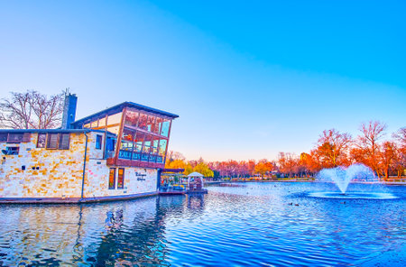 BUDAPEST, HUNGARY - MARCH 2, 2022: The restaurant on the lake with fountains in City Park, on March 2 in Budapestのeditorial素材