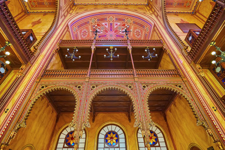BUDAPEST, HUNGARY - FEB 22, 2022: Details of Moorish Revival decors in Dohany Street Synagogue with...