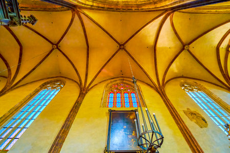 PRAGUE, CZECHIA - MARCH 11, 2022: Original Gothic ribbed vault of the side aisle of Church of Our Lady before Tyn, on March 11 in Prague, Czechiaのeditorial素材