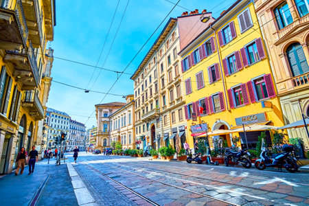 MILAN, ITALY - APRIL 11, 2022: Corso Magenta street, one of the main thoroughfare in historical...