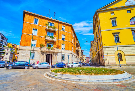 MILAN, ITALY - APRIL 11, 2022: Piazza Sant'Ambrogio square with historic buildings, on April 11 in...