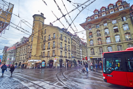 BERN, SWITZERLAND - MARCH 31, 2022: Busy Kornhauspl square in the city center, on March 31 in Bern,...
